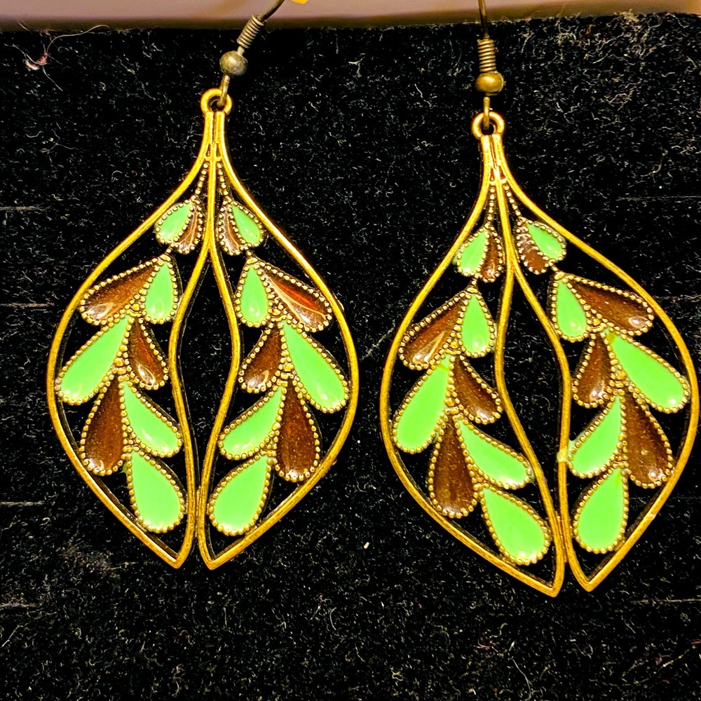 Green Brown Brass Leaf Earrings